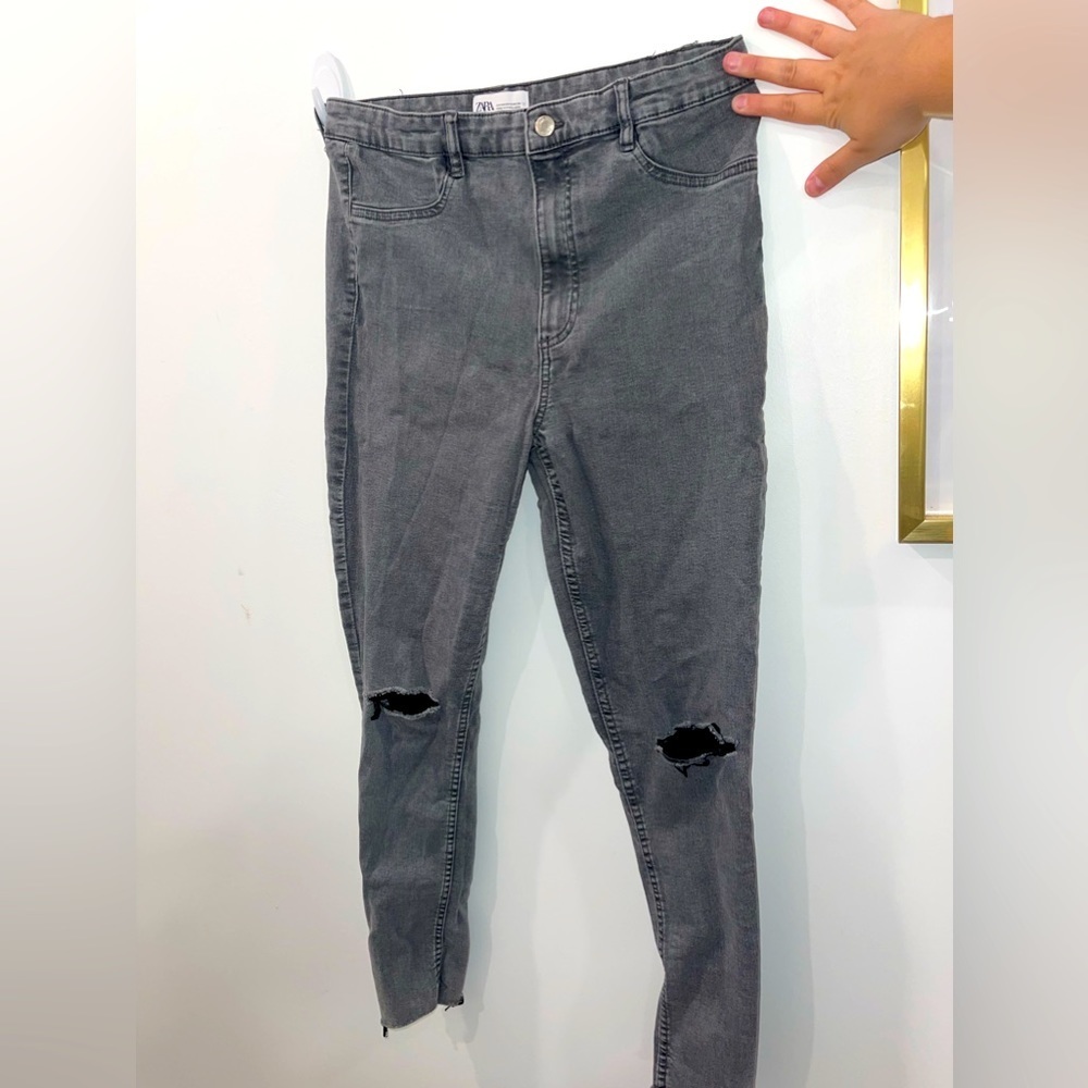 Zara High Waisted Skinny Deconstructed Grey Jeans